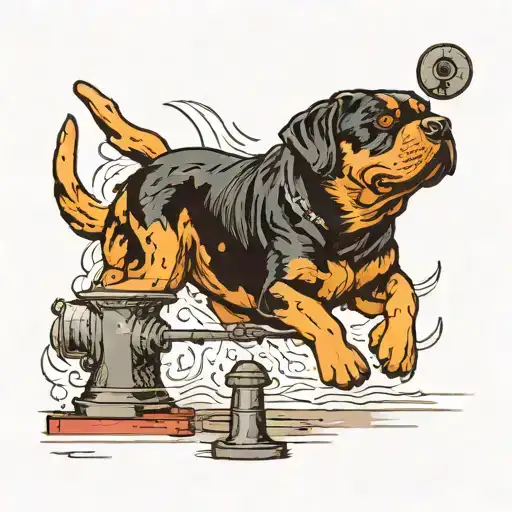 A Red Bull And A Rottweiler Playing Tug-of-war With A Factory Smokestack In The Background