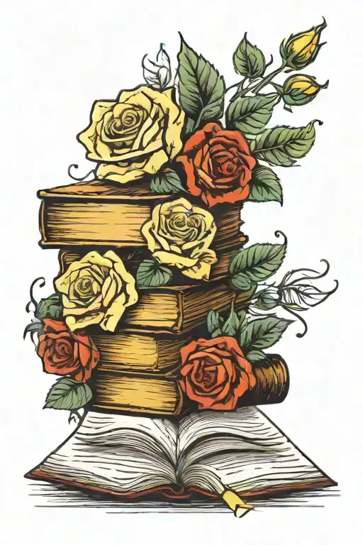 Stack Of Books With Yellow Roses Coming Out Of The Top Open Book And A Wine Glass On Top