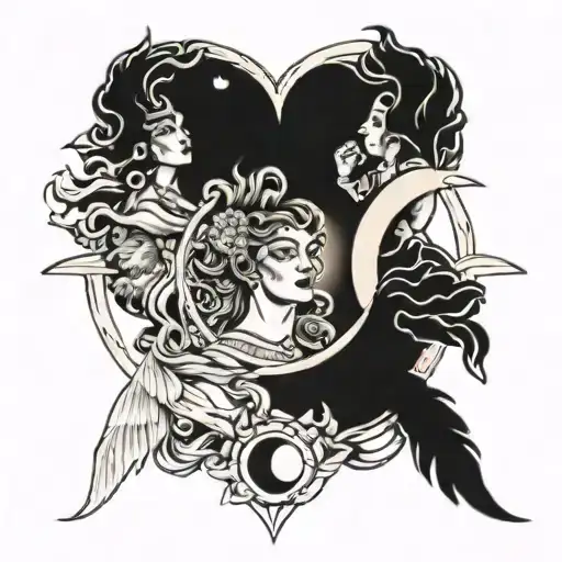 The Tripple Goddess Moons Witht He Centre Moon Being A Heart On Fire