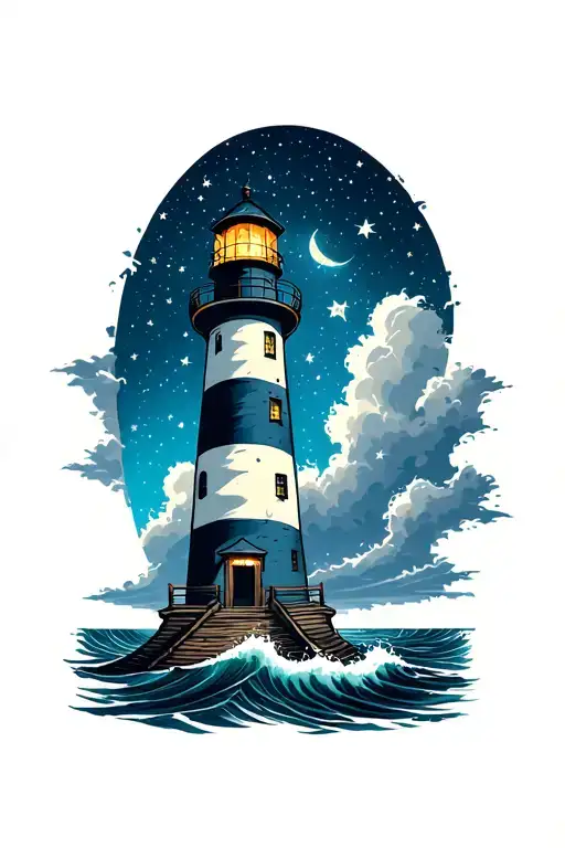 Lighthouse On Stormy Sea Under Night Sky Full Of Stars