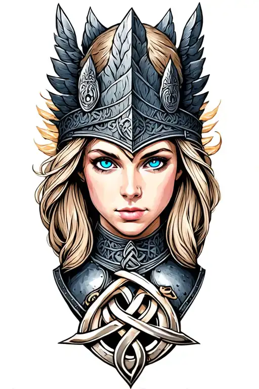 Valkyrie With Blue Eyes On Armor Tattoo Design Featuring Celtic Trinity Knot