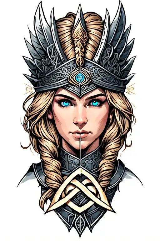 Valkyrie With Blue Eyes On Armor Tattoo Design Featuring Celtic Trinity Knot