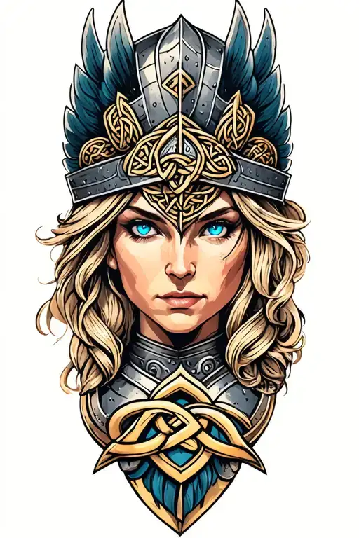 Valkyrie With Blue Eyes On Armor Tattoo Design Featuring Celtic Trinity Knot