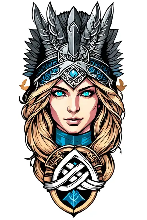 Valkyrie With Blue Eyes On Tattoo Design Featuring Celtic Trinity Knot