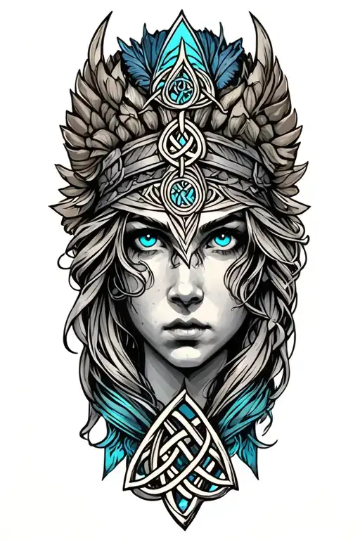Valkyrie With Blue Eyes On Tattoo Design Featuring Celtic Trinity Knot