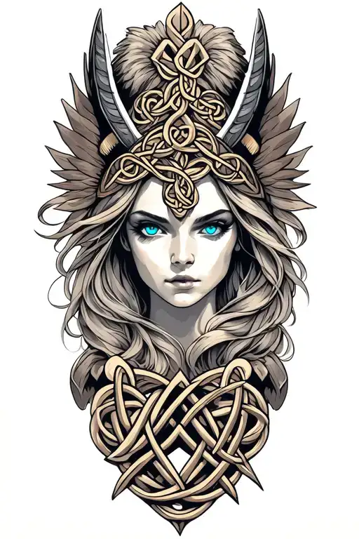 Valkyrie With Blue Eyes On Tattoo Design Featuring Celtic Trinity Knot