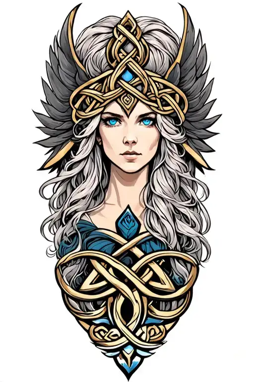 Valkyrie With Blue Eyes With Long Hair On Tattoo Design Featuring Celtic Trinity Knot