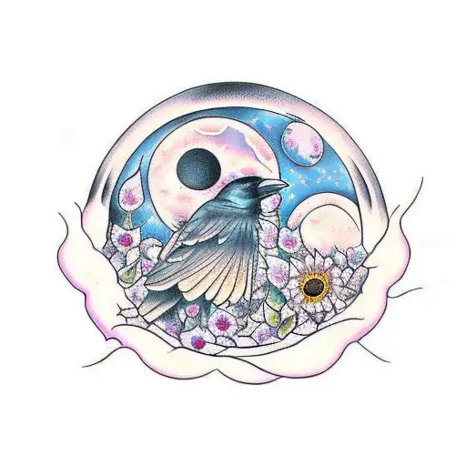 Crow With Multiple Sunflowers Wrapped Around Moon