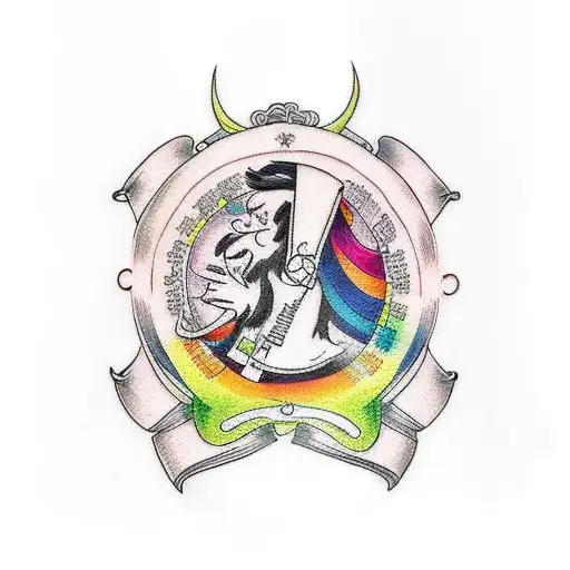 A Traditional-style Tattoo Of A Music Sheet With Rainbow Accents