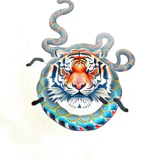 Chinese Art Tiger Fighting A Huge Snake