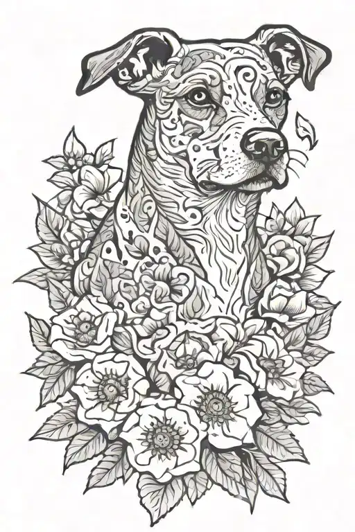 Dog Portrait With Flowers Growing
