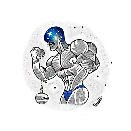 Alien Bodybuilder Flexing In Front Of A Galaxy
