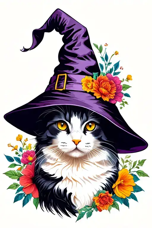 Cat Wearing Witches Hat Surrounded By Flowers