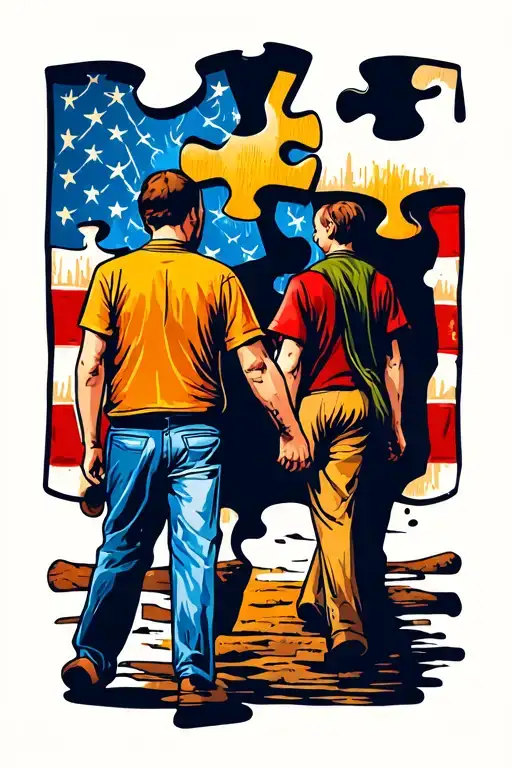 Autism Puzzle Pieces With Dad Walking Hand In Hand