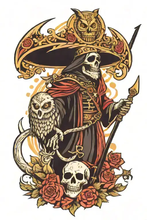 Santa Muerte Wearing Crown With Scythe And Owl