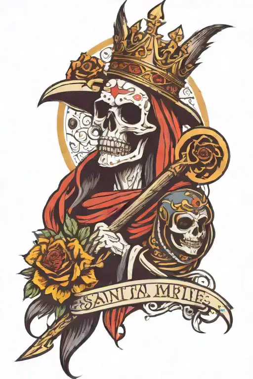 Santa Muerte Wearing Crown With Scythe And Owl