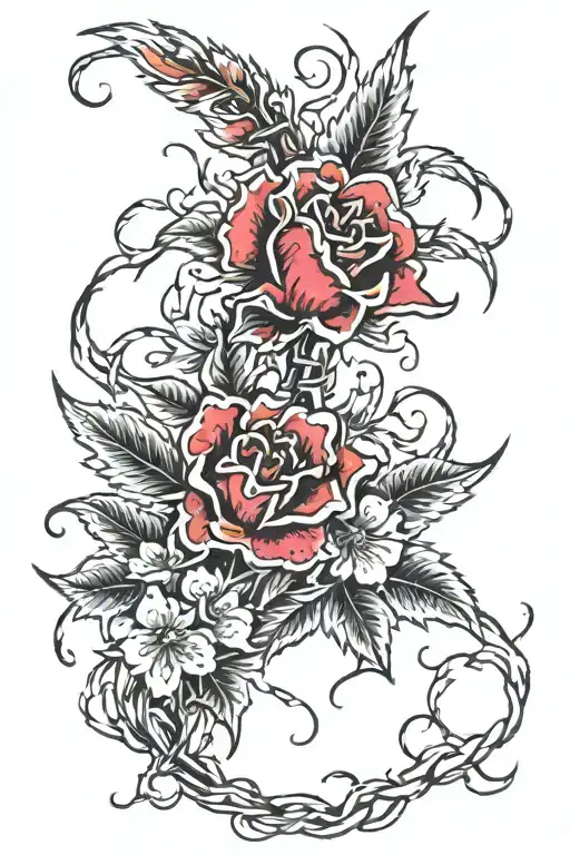 Barbed Fire With Blooming Flowers Going