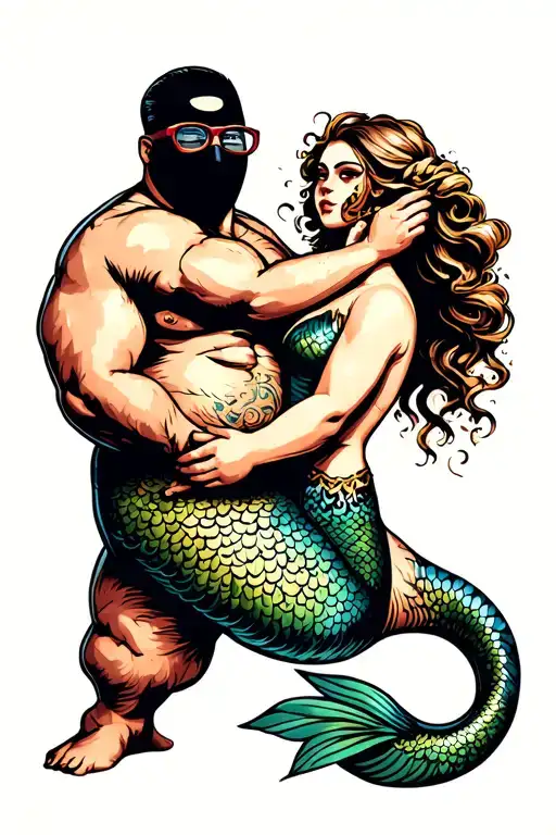 Fat Man Thug With Ski Mask And Glasses Trying To Pull The Hair Of Mermaid