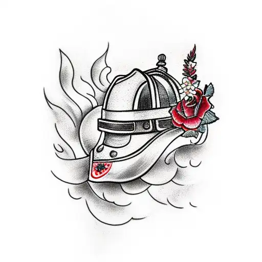 A Traditional Fire Fighter Helmet Adorned With Roses And Cherry Blossom Flowers