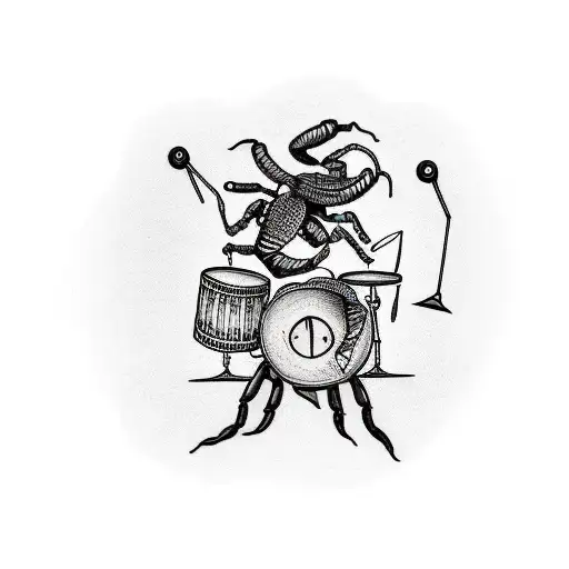A Minimalist Tattoo Of A Scorpion Playing Drums With Music Notes In The Background