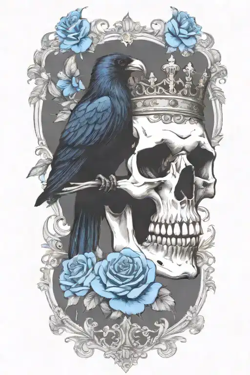 Skull Wearing Crown With Raven On And Blue Roses Intertwined