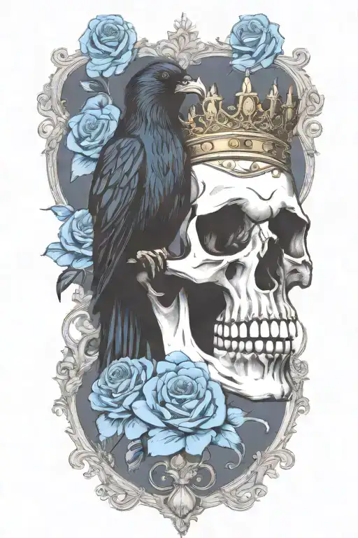 Skull Wearing Crown With Raven On And Blue Roses Intertwined