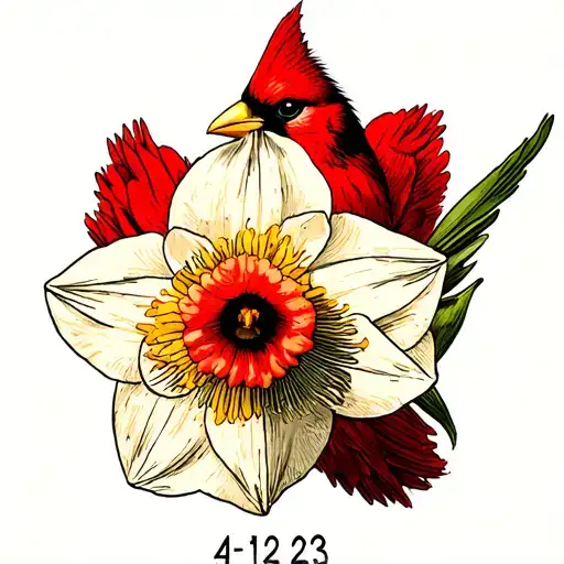 Narcissus With The Date 4-12-23 And A Cardinal
