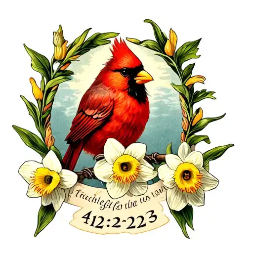 Narcissus With The Date 4-12-23 And A Cardinal