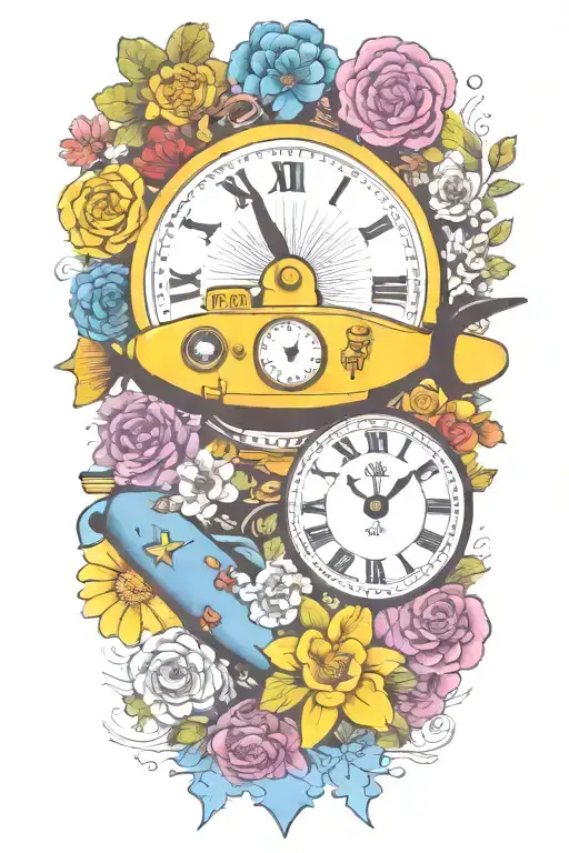 Yellow Submarine With Colorful Flowers And Clock And Rainbow