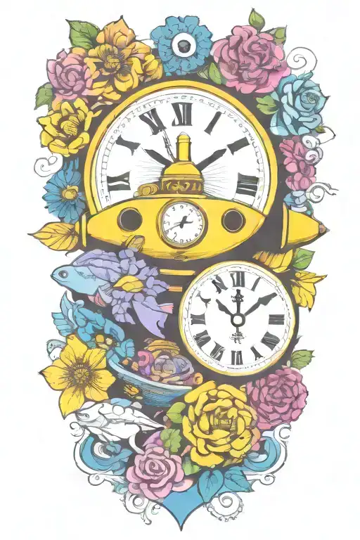 Yellow Submarine With Colorful Flowers And Clock And Rainbow