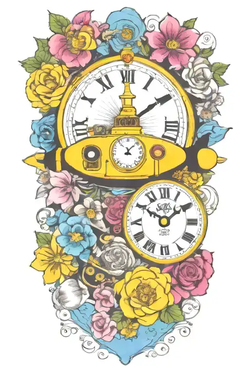 Yellow Submarine With Colorful Flowers And Clock And Rainbow