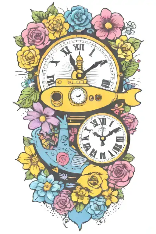 Yellow Submarine With Colorful Flowers And Clock And Rainbow