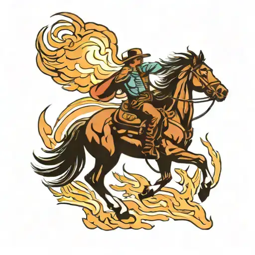 American Traditional Tattoo Of A Cowboy Walking With Subtle Fire Behind Him