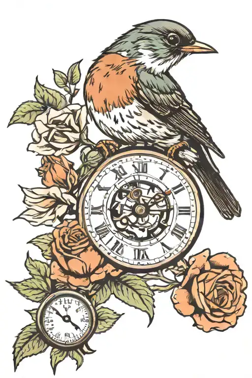 Robin Holding A Rose In Its Beak With A Stopwatch Surrounded