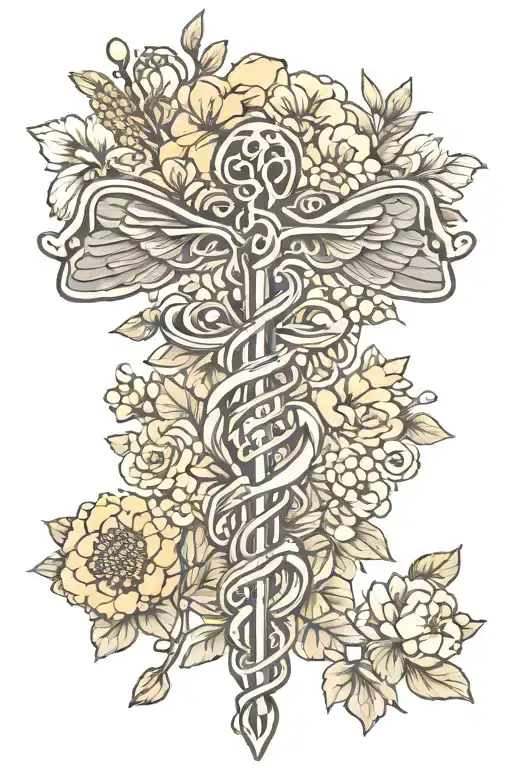 A Medical Caduceus Surrounded By Birth Flowers Of Each Family Member
