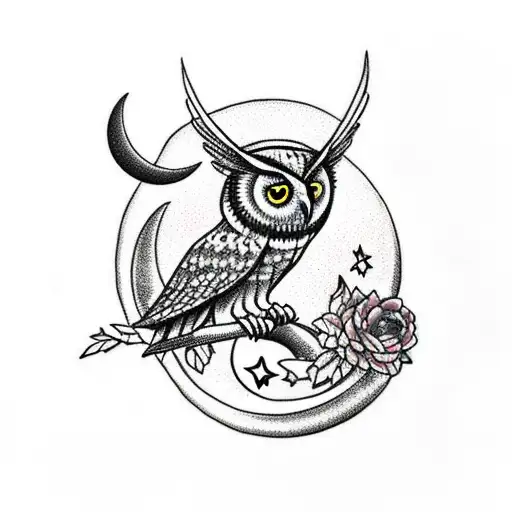 A Majestic Owl Perched On A Crescent Moon Surrounded By Blooming Night Flowers