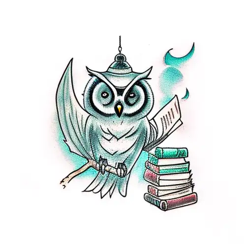 Gothic Fantasy Owl On Branch With A Lantern And Books