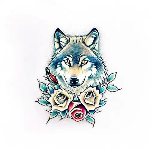Wolf With Roses And Butterflies Turning Around The Forearm
