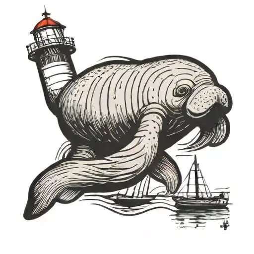 Cute Manatee By A Lighthouse At Sunset