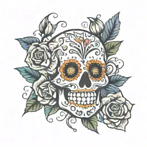 Sugar Skull And Flowers Surrounding
