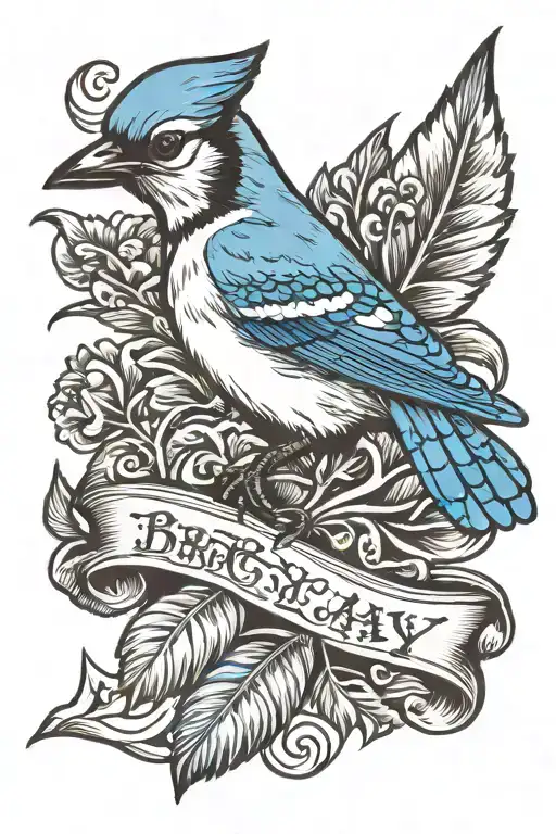 Blue Jay Tattoo With Scroll On The Bottom That Says Brittany