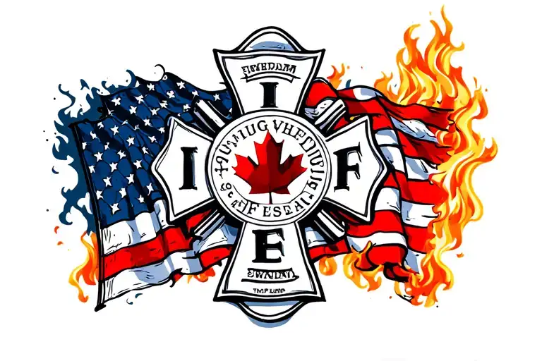 Iaff Firefighter Cross With American And Canadian Flag With A Fire Background