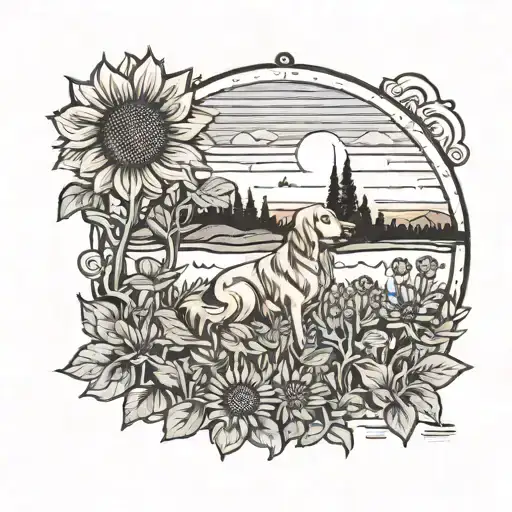 A Campsite With A Golden Retriever Playing In A Field Of Sunflowers At Sunset