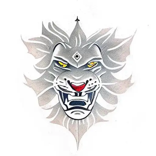 A Traditional Style Tattoo Of A Roaring Lion With A Heavy Metal Guitar