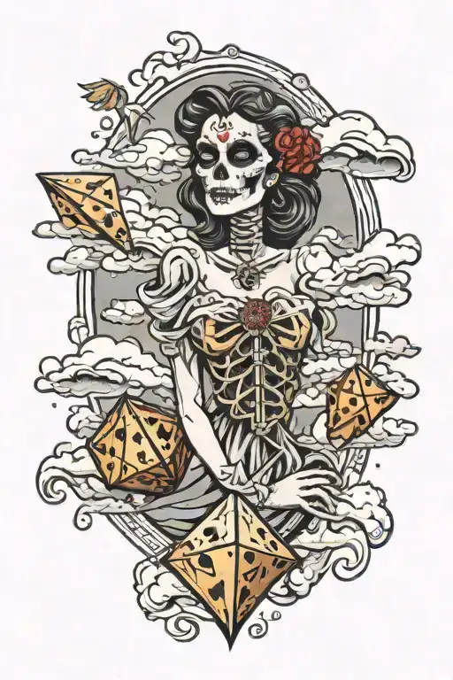 Skeletal Bride Throwing Dice In The Sky With Clouds