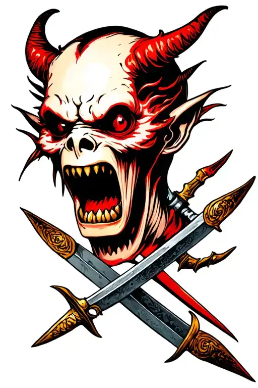 Demon With Daggers Stabbed Through Eyes And Out Mouth