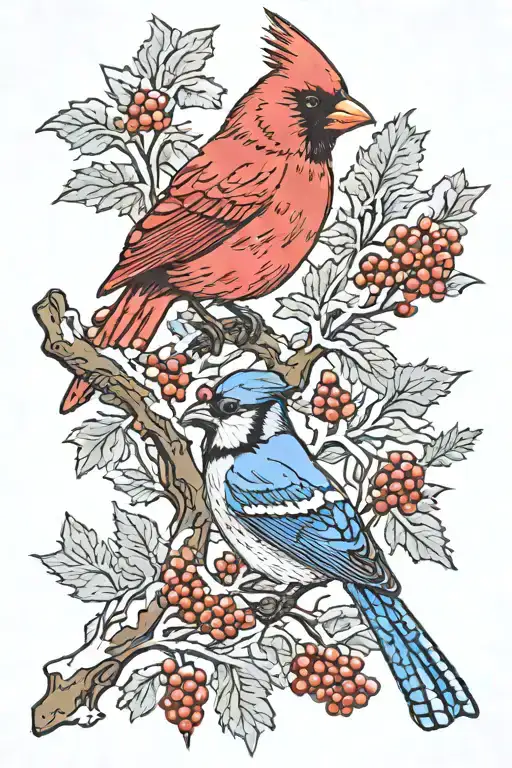 Cardinal Sitting Next A Blue Jay On A Snowy Branch