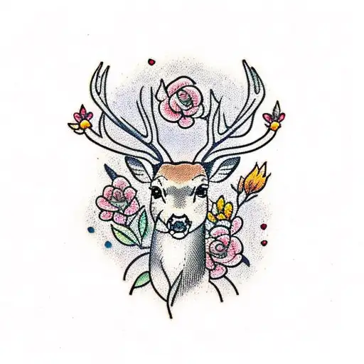 Deer With Flowers In Neotraditional