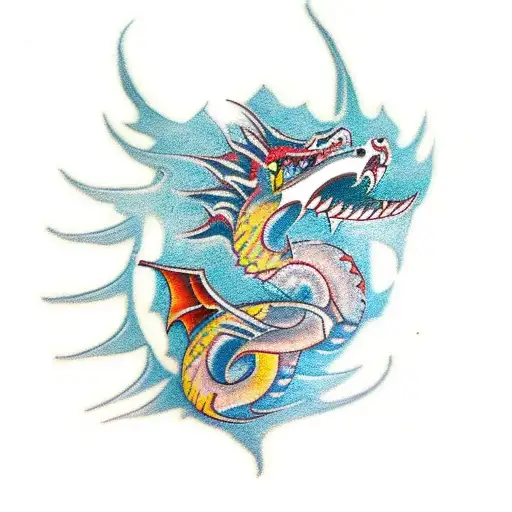 Maori-inspired Dragon Breathing Fire In Traditional Tattoo Style