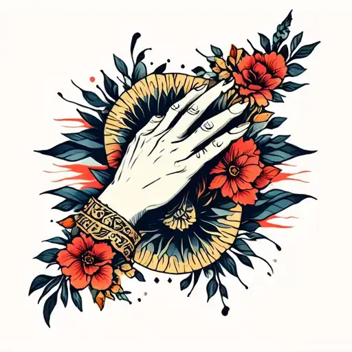 Dark Style Tattoo With The Image Of The Hand And Abstract Patterns